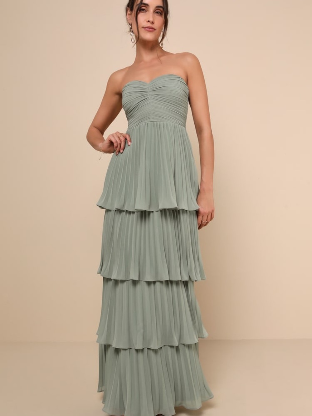 Lulu's Sage Green Strapless Tiered Pleated Maxi Dress